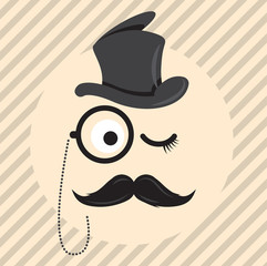 Retro, vintage gentleman in a hat cylinder with  mustache and  monocle icon isolated on light coloured background. Vector art