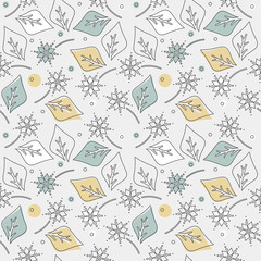 Cute seamless pattern with colorful leaves and flowers