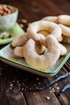 Delicious crescent shaped vanilla rolls with almond
