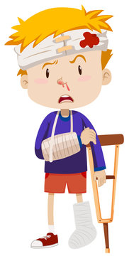 injured boy with bandages and crutch clip art preview