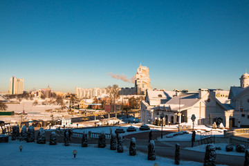 Fototapeta premium The city center of Minsk. City landscape. Skyscrapers. Nemiga. Winter. Snow. 