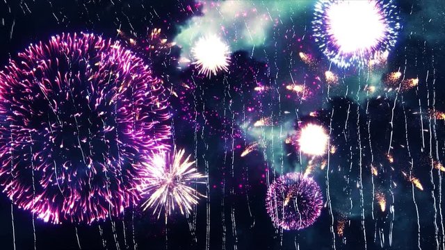 Fireworks outside of my window in rainy weather.