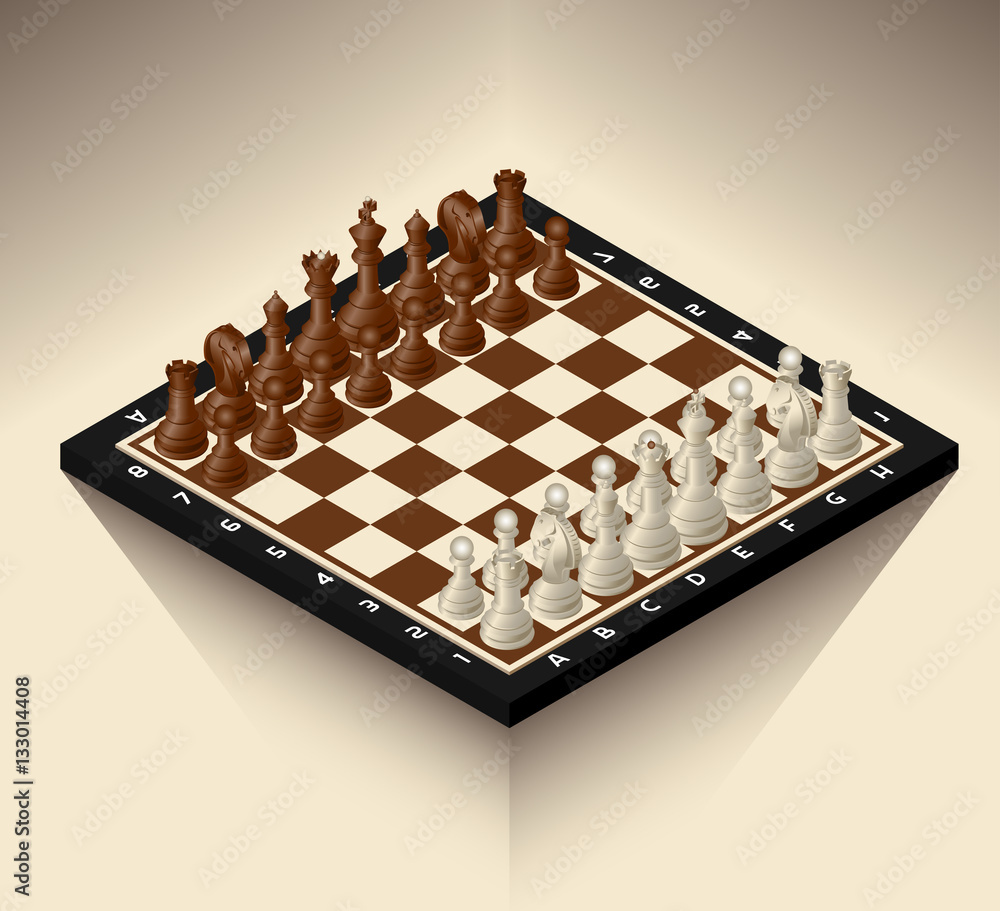 Poster chess board with figures of isometric on an abstract background