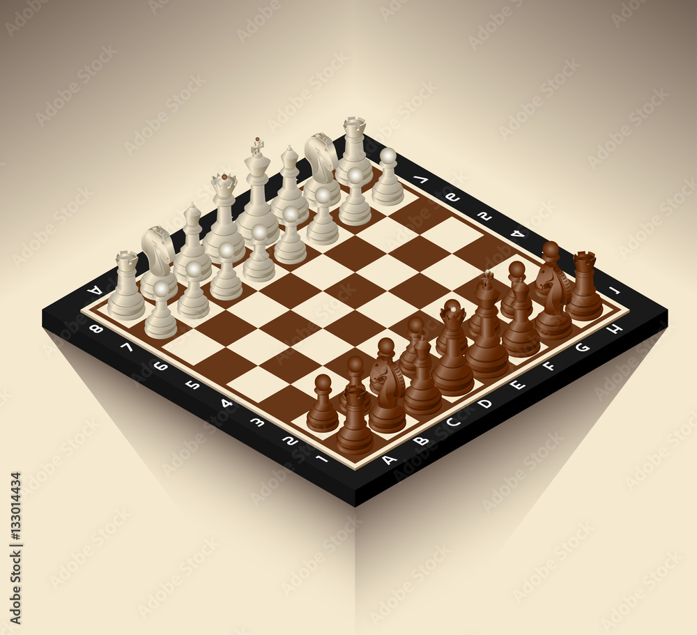 Poster chess board with figures of isometric on an abstract background