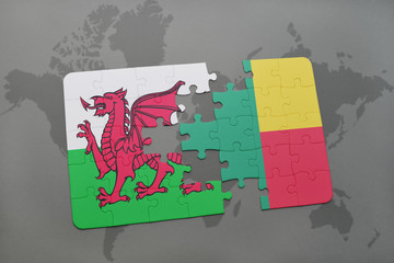 puzzle with the national flag of wales and benin on a world map