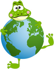 Cute frog with globe
