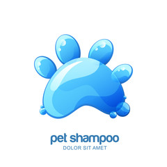 Vector logo, emblem, label design elements for pet shampoo, cosmetic care or grooming. Cat or dog paw with clean water texture.