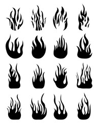 Black silhouettes of fire flames, set icons