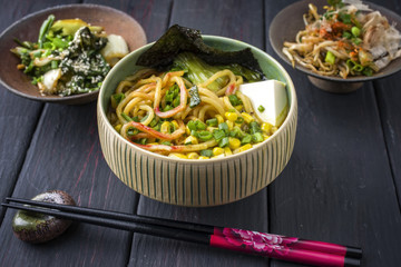 Traditional Japanese Vegetarian Ramen Soup as close-up in a Bowl