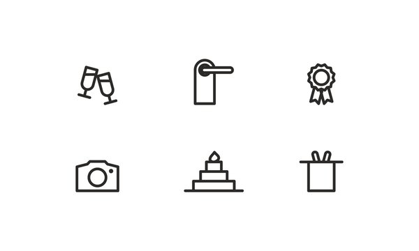 Line vector icons. Wineglasses, private, license, camera, cake,