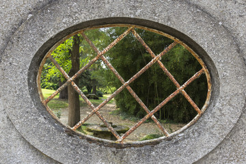 Blick durch ein Fenster in einen Park