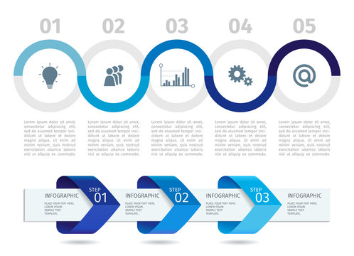 Blue Infographic process chart and arrows with step up options. Vector template