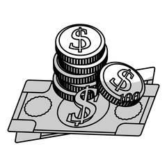 money bills and coins over white background. vector illustration