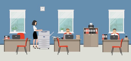 Office room in a blue color. The young woman and men are employees at work. There is beige furniture, red chairs, a copy machine on a window background in the picture. Vector flat illustration