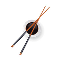 Japanese chopsticks sushi and soy sauce in a bowl. Top view. Vec