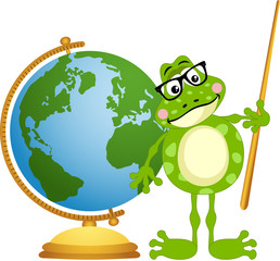 Frog teacher with globe

