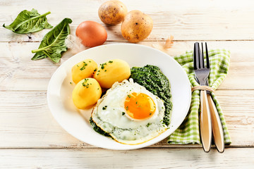 Fried egg on a bed of creamy pureed spinach