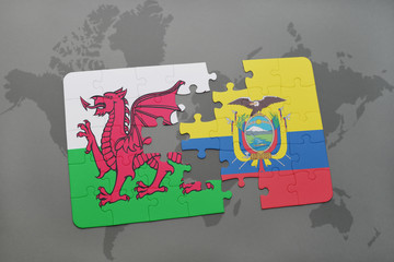 puzzle with the national flag of wales and ecuador on a world map