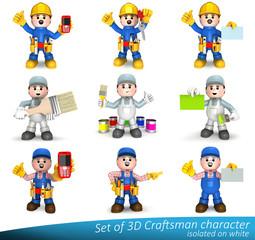 Fototapeta na wymiar Set of 3D characters of a craftsman in various construction jobs. High quality 3D. Lovable mascots can be used as great presentation of construction craft and handyman companies. 