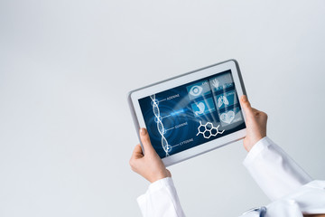 Close of female doctor hands working with tablet pc computer