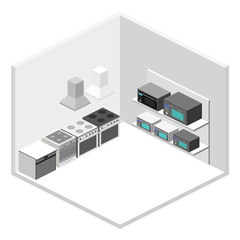 Isometric flat 3D concept vector cutaway interior household equipment store