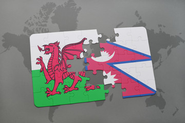 puzzle with the national flag of wales and nepal on a world map
