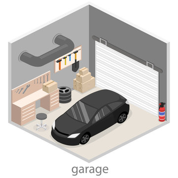 Isometric flat 3D vector interior working place in garage.