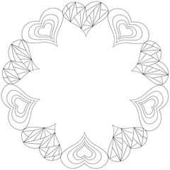 Handmade Abstract Heart frame in Zen-doodle style black on white coloring page for  book or creative Post Card  Valentines Day