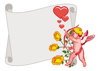 Paper scroll with Cupid, roses and hearts. Vector clip art.
