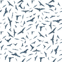 Obraz premium gray silhouette flying birds seagull on isolated white background, pattern seamless vector