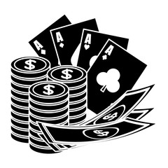 casino chips with poker cards and money bills icon over white background. vector illustration