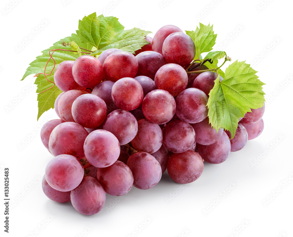 Wall mural Ripe red grape with leaves isolated on white. With clipping path