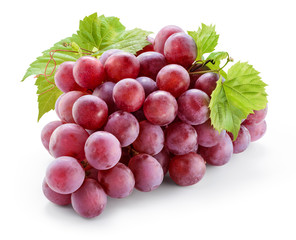Ripe red grape with leaves isolated on white. With clipping path