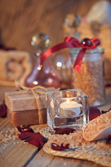 Composition of spa treatment. Natural handmade soap and sea salt