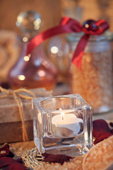 Composition of spa treatment. Natural handmade soap and sea salt