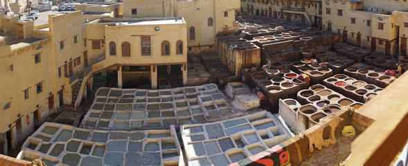 Tanneries Fes el Bali in Morocco Panoramic