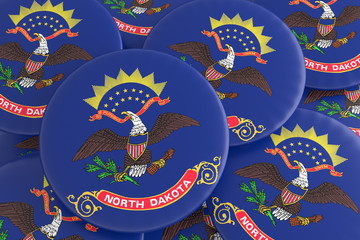 US State Buttons: Pile of North Dakota Flag Badges, 3d illustration