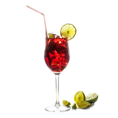 Red cocktail, mixed drink from cherries, berries, ice and lime, alcohol free, isolated on white