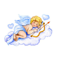 watercolor Saint Valentines card template. Cute little cupid sleeping on weightless cloud with hearts holding bow and arrow. Feast of Saint Valentine advertising element for web and print. Add text