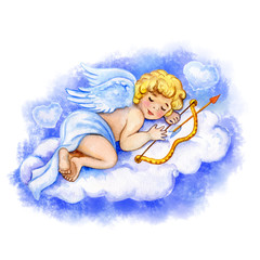 watercolor Saint Valentines card template. Cute little cupid sleeping on weightless cloud with hearts holding bow and arrow. Feast of Saint Valentine advertising element for web and print. Add text