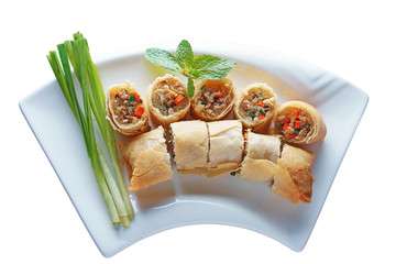 Fried Chinese Traditional Spring rolls food  on white background, selection path, cliping path