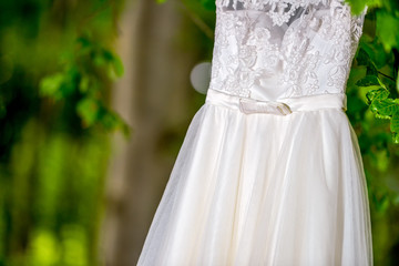 Wedding dress hanging in natural light