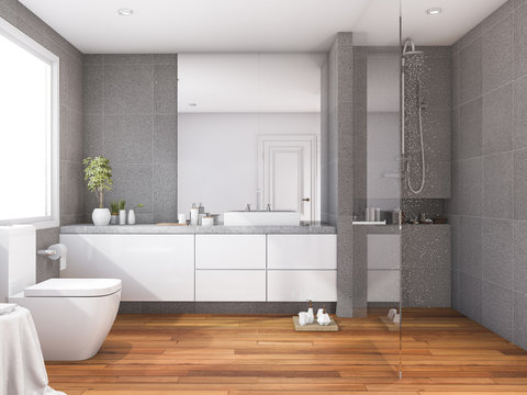 3d rendering tropical and modern style wood bathroom near window