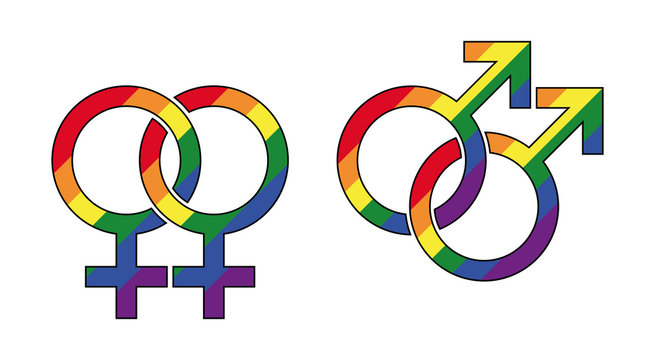 Gay male and lesbian symbol with rainbow colors. Interlocked gender identity symbols. Mars for male, Venus for female homosexuality. Signs in LGBT flag colors. Illustration on white background. Vector