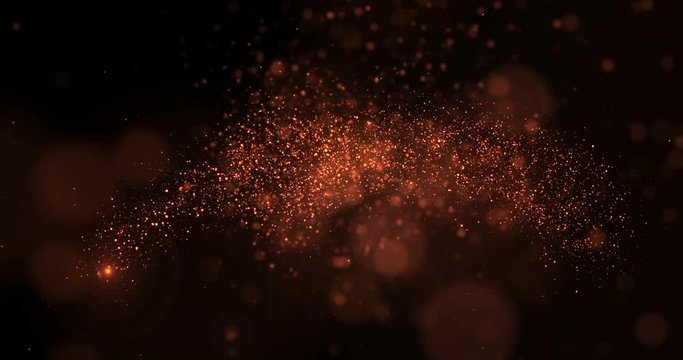 gold glow glittering particles bokeh tail transition sparkle effect on black background, holiday happy new year concept