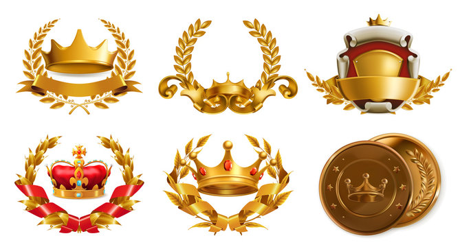 Gold crown and laurel wreath. 3d vector logo