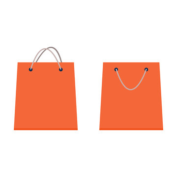 Empty paper shopping bags with Rope Handles set. Orange. Vector Illustration