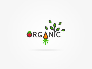 Organic with tomato and carrot linear vector illustration on light grey background. Organic (leaf, leaves, tree, orange, fruit, green, carrot, tomato, red, orange) creative graphic concept.