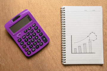 Purple calculator and chart hand drawn with space for text. Business and Finance Concept.