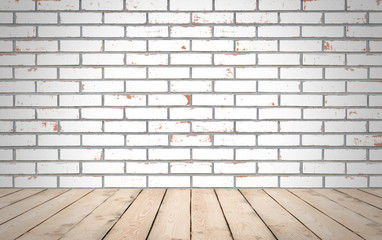 Perspective wood over white brick wall background, room, table,